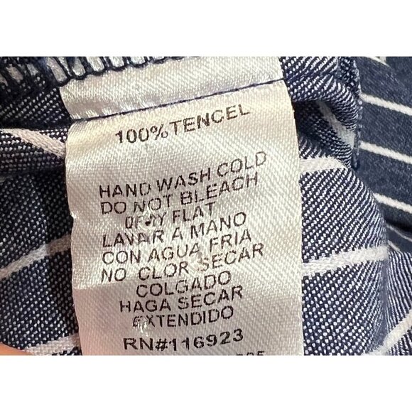 Easel Sz S Blue White Chambray Denim Railroad Striped Bell Sleeve Frayed Jacket - Picture 6 of 7